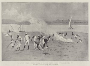 El avance hacia Dongola, cólera en el campamento, quemando basura en la orilla del Nilo de Charles Auguste Loye